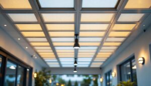 A photograph of a well-lit outdoor space featuring exterior drop ceiling tiles in use