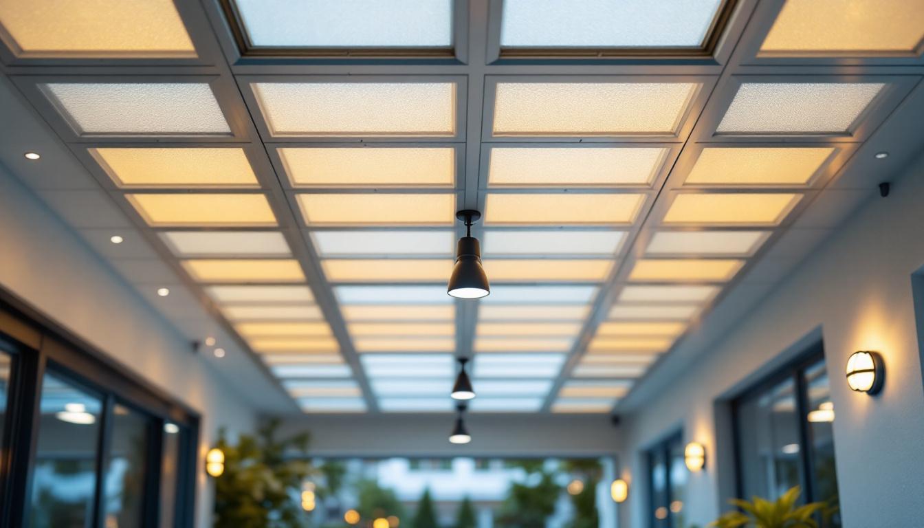 A photograph of a well-lit outdoor space featuring exterior drop ceiling tiles in use