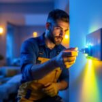 A photograph of a skilled lighting contractor demonstrating the installation of an outlet color change kit