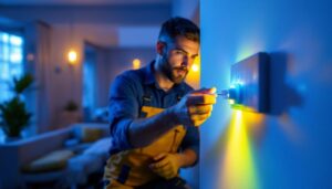 A photograph of a skilled lighting contractor demonstrating the installation of an outlet color change kit