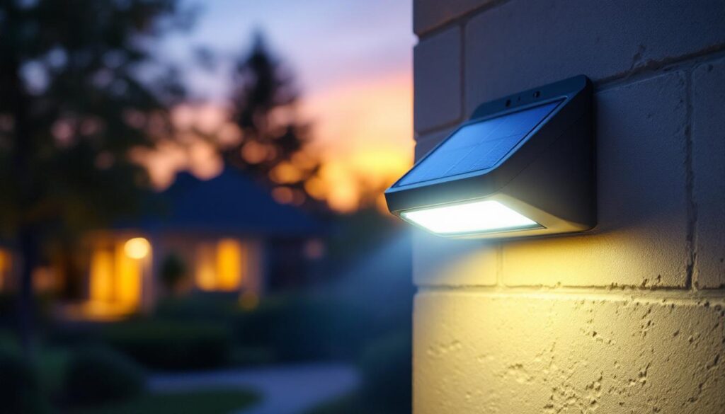 A photograph of a solar-powered led security light installed in a residential outdoor setting at dusk