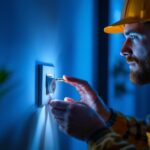 A photograph of a lighting contractor skillfully installing a socket switch in a modern home setting