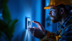 A photograph of a lighting contractor skillfully installing a socket switch in a modern home setting