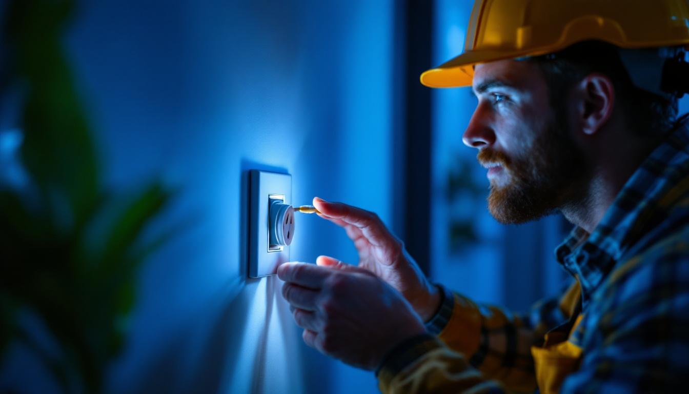 A photograph of a lighting contractor skillfully installing a socket switch in a modern home setting