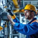 A photograph of a technician or team member installing or inspecting an electronic ballast in a well-lit environment