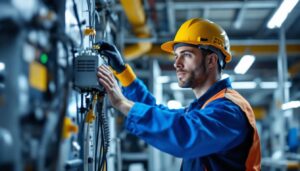 A photograph of a technician or team member installing or inspecting an electronic ballast in a well-lit environment