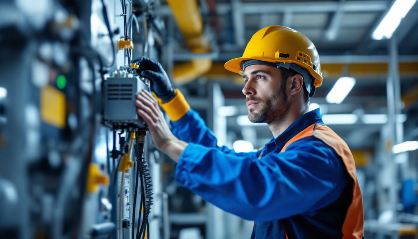 A photograph of a technician or team member installing or inspecting an electronic ballast in a well-lit environment