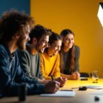 A photograph of a diverse group of team members engaged in a hands-on lighting training session