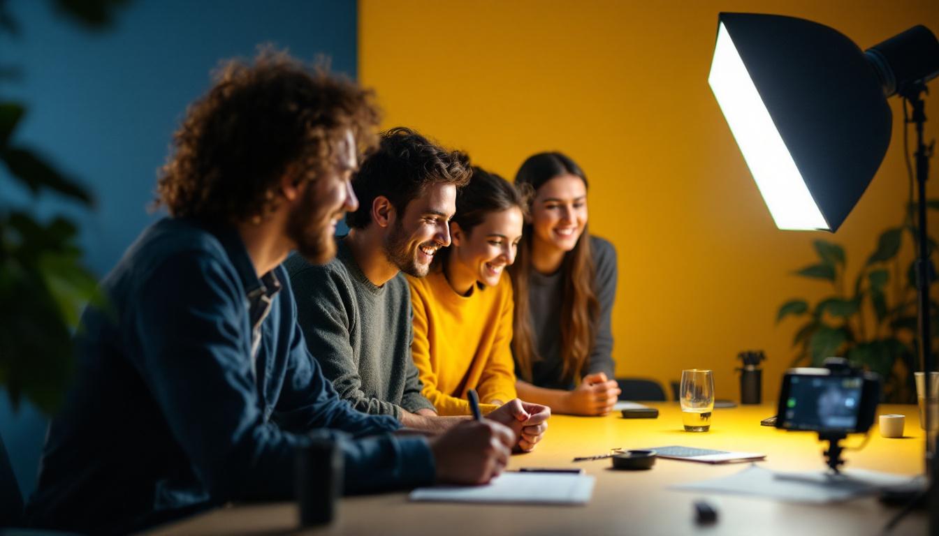 A photograph of a diverse group of team members engaged in a hands-on lighting training session