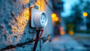 A photograph of a close-up of an isolated ground outlet in a residential setting
