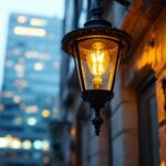 A photograph of an elegantly restored vintage gas light fixture illuminated against a modern urban backdrop
