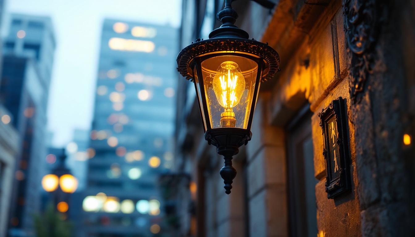 A photograph of an elegantly restored vintage gas light fixture illuminated against a modern urban backdrop