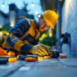 A photograph of a skilled lighting contractor expertly connecting low voltage light connectors in a well-lit