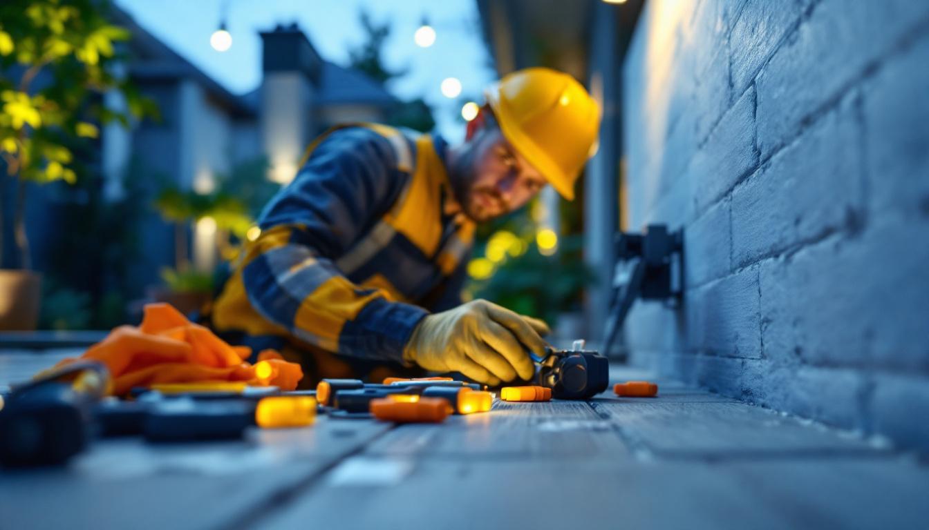 A photograph of a skilled lighting contractor expertly connecting low voltage light connectors in a well-lit