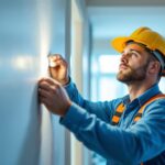 A photograph of a lighting contractor working with led lights in a residential setting