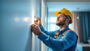 A photograph of a lighting contractor working with led lights in a residential setting