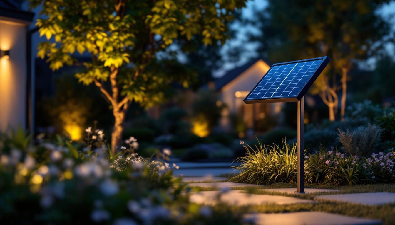 A photograph of a solar light installation featuring a sleek solar panel positioned remotely