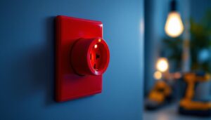 A photograph of a vibrant red electrical outlet installed in a modern setting