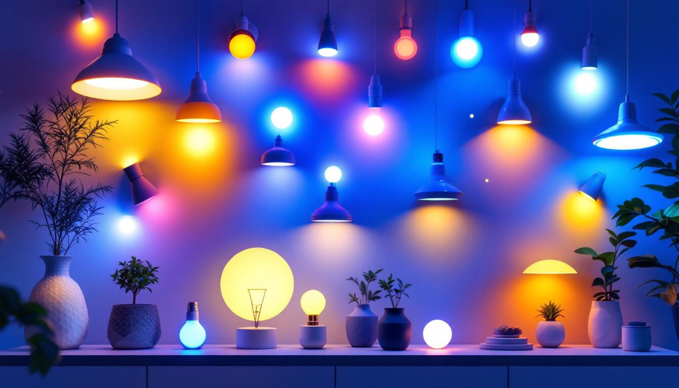 A photograph of a vibrant display of various led light fixtures in a modern home setting