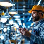 A photograph of a lighting contractor examining various innovative led fixtures in a well-lit online store