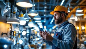A photograph of a lighting contractor examining various innovative led fixtures in a well-lit online store