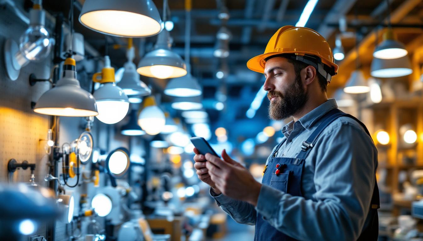 A photograph of a lighting contractor examining various innovative led fixtures in a well-lit online store