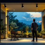 A photograph of a well-lit outdoor space featuring stylish ceiling spotlights in use