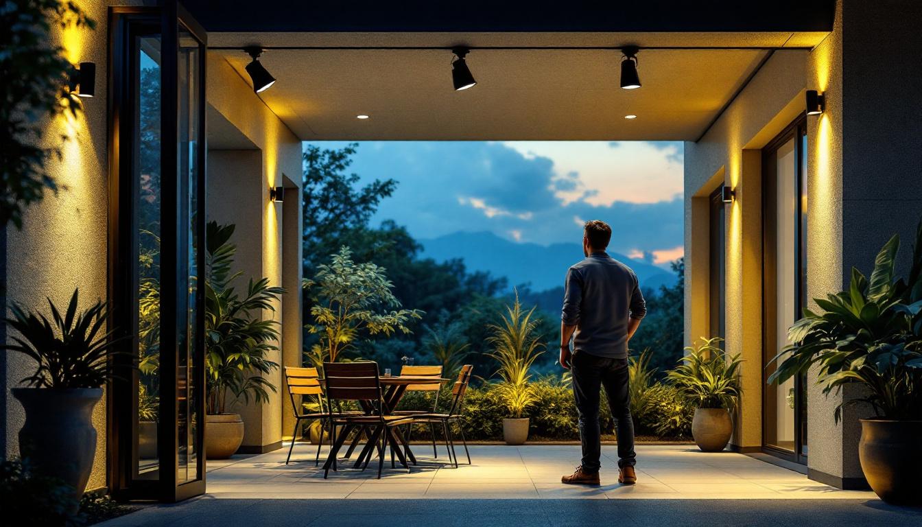 A photograph of a well-lit outdoor space featuring stylish ceiling spotlights in use