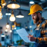 A photograph of a lighting contractor meticulously reviewing a comprehensive checklist while installing various types of lighting fixtures in a well-lit