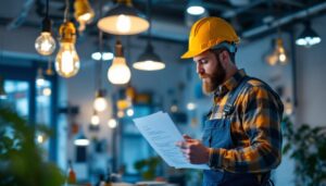 A photograph of a lighting contractor meticulously reviewing a comprehensive checklist while installing various types of lighting fixtures in a well-lit