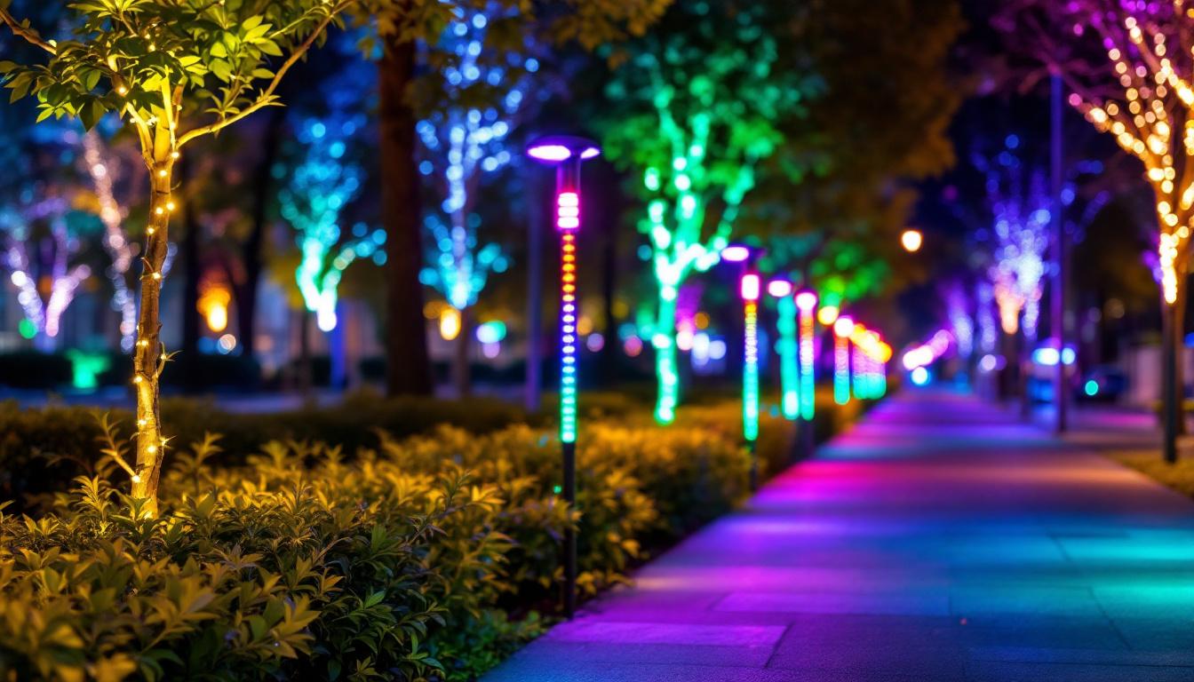 A photograph of a well-lit outdoor scene featuring color-changing led lights installed along a pathway or in a public space