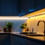 A photograph of a beautifully illuminated kitchen scene featuring stylish under-cabinet led lighting