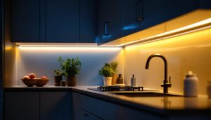 A photograph of a beautifully illuminated kitchen scene featuring stylish under-cabinet led lighting