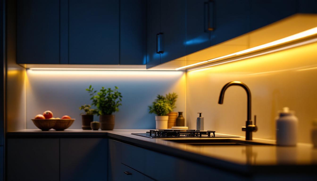 A photograph of a beautifully illuminated kitchen scene featuring stylish under-cabinet led lighting