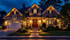 A photograph of a beautifully illuminated home exterior at dusk