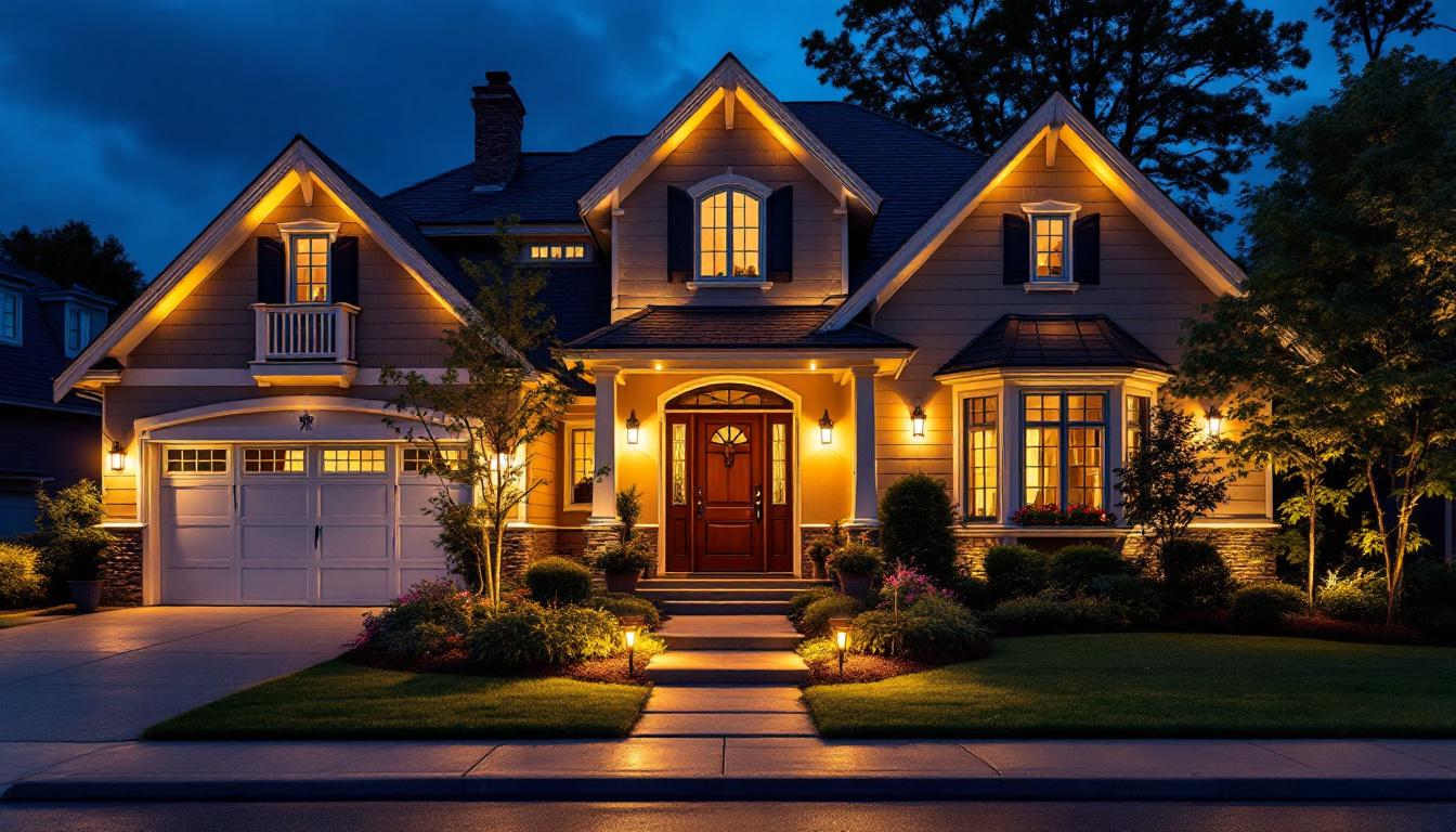 A photograph of a beautifully illuminated home exterior at dusk