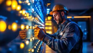 A photograph of a lighting contractor working on a residential or commercial project