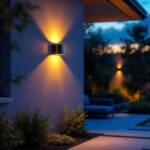 A photograph of a beautifully illuminated outdoor space featuring stylish solar sconces mounted on a wall