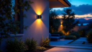 A photograph of a beautifully illuminated outdoor space featuring stylish solar sconces mounted on a wall