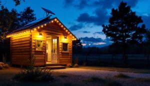 A photograph of a well-lit shed at dusk
