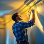 A photograph of a skilled lighting contractor expertly installing or adjusting 5-inch trim lighting in a beautifully designed interior space