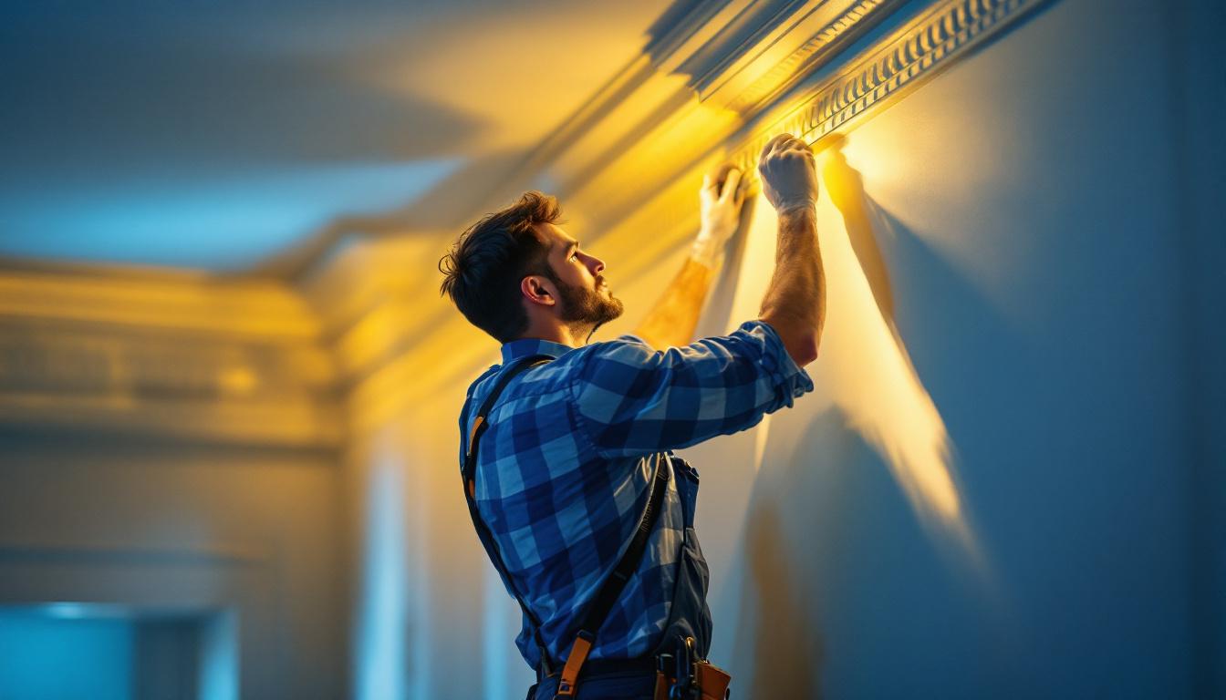 A photograph of a skilled lighting contractor expertly installing or adjusting 5-inch trim lighting in a beautifully designed interior space
