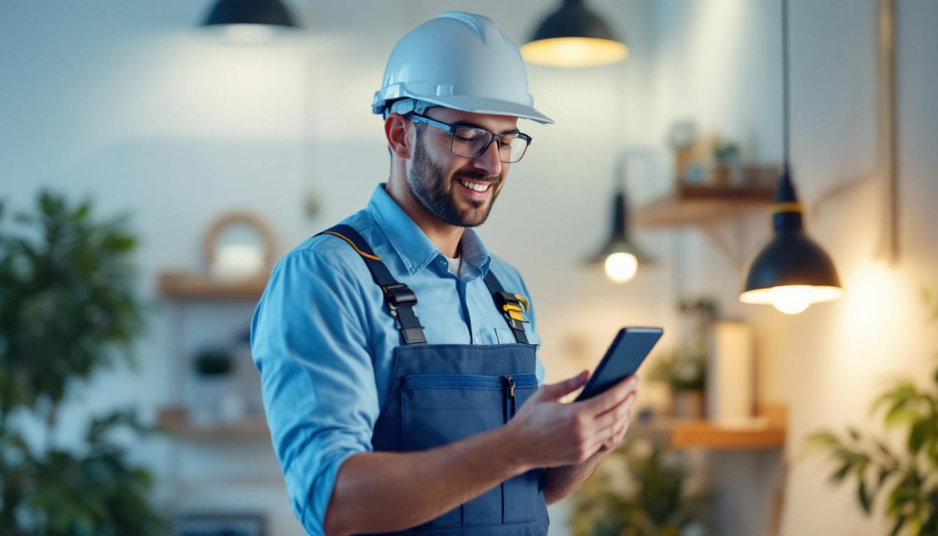 A photograph of a lighting contractor in action