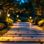 A photograph of a beautifully illuminated outdoor walkway featuring stylish solar lights