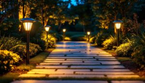 A photograph of a beautifully illuminated outdoor walkway featuring stylish solar lights