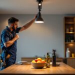 A photograph of a skilled lighting contractor expertly installing a modern track lighting fixture in a stylish interior space