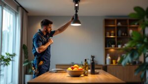 A photograph of a skilled lighting contractor expertly installing a modern track lighting fixture in a stylish interior space