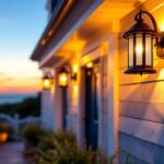 A photograph of a well-lit nantucket home exterior showcasing elegant outdoor lighting fixtures