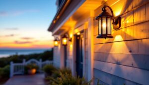 A photograph of a well-lit nantucket home exterior showcasing elegant outdoor lighting fixtures