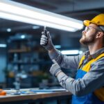 A photograph of a lighting contractor inspecting and installing a tube led lamp in a modern workspace